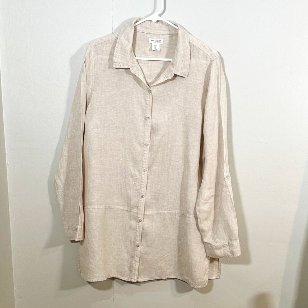 Artisan NY Women's Size L 100% Linen Shirt Tunic Roll Tab Lagenlook Capsule